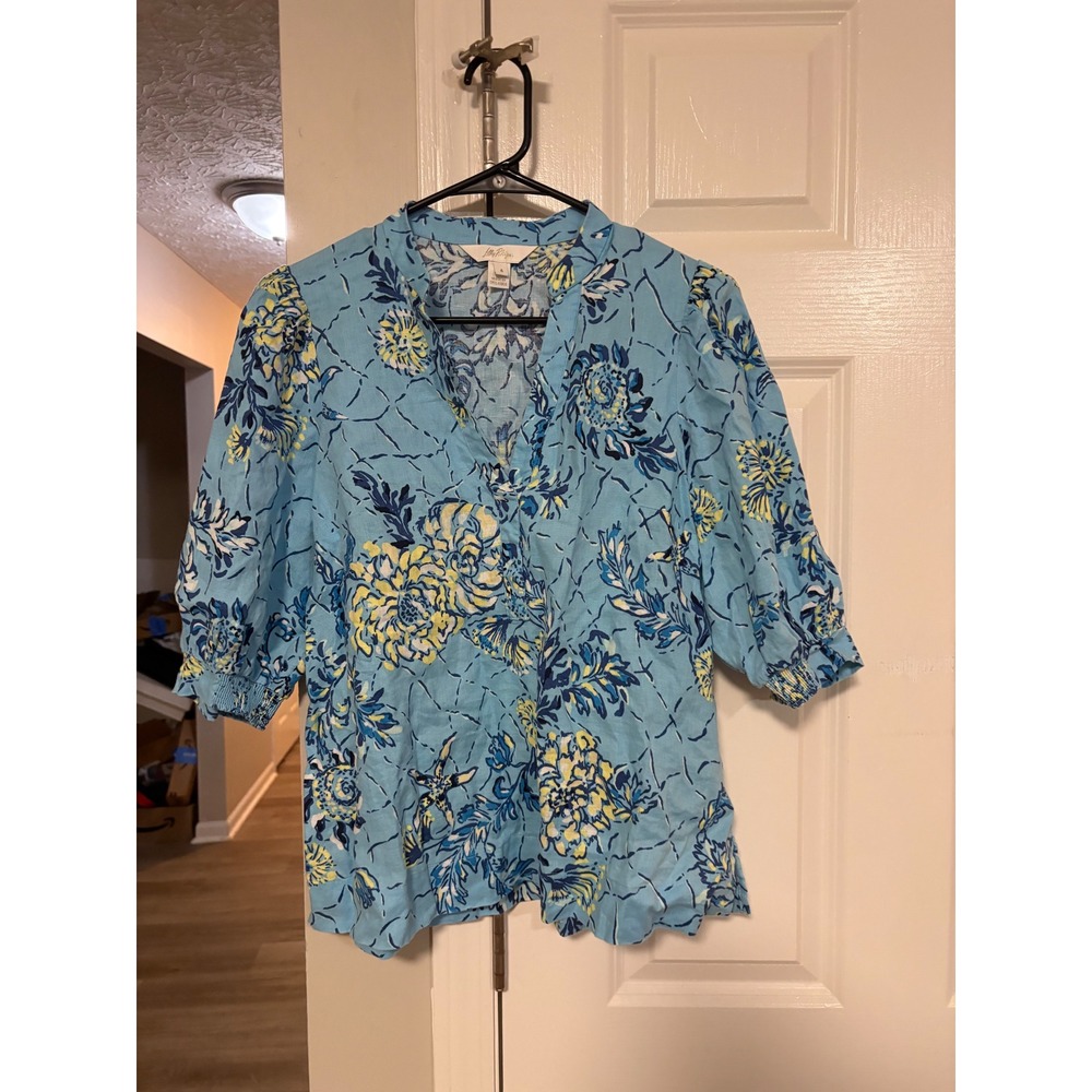 Lilly Pulitzer Blue Floral 100% Linen Puff Sleeve V-Neck Blouse Top Size 4